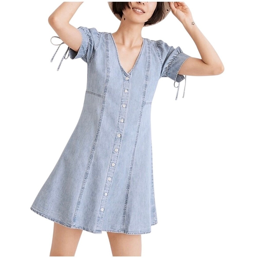Madewell Tencel Denim Button-Front Tie-Sleeve‎ Mini Dress Brannon Blue 2